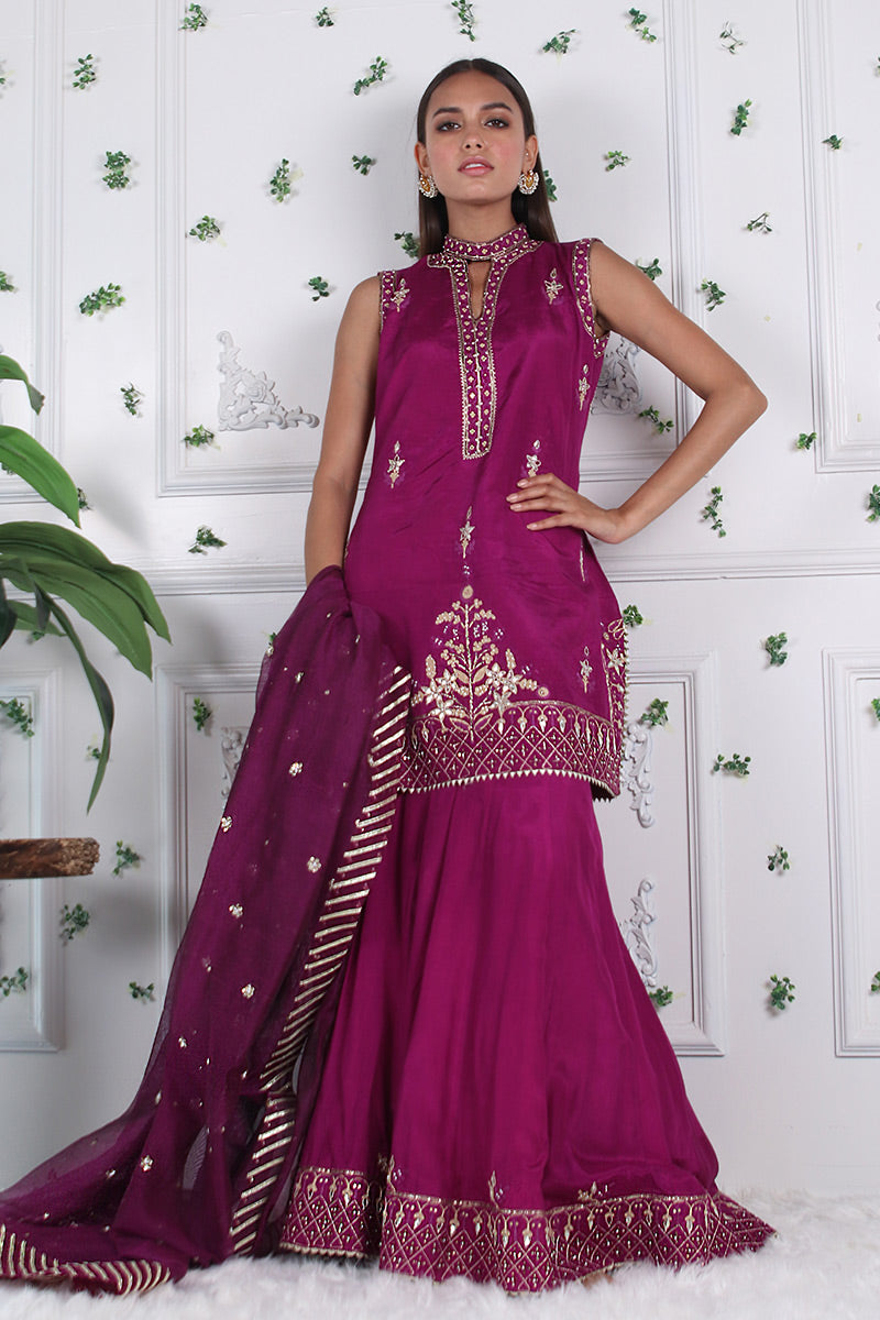 Cerise Fusion - Embellished shirt with dhaka pants