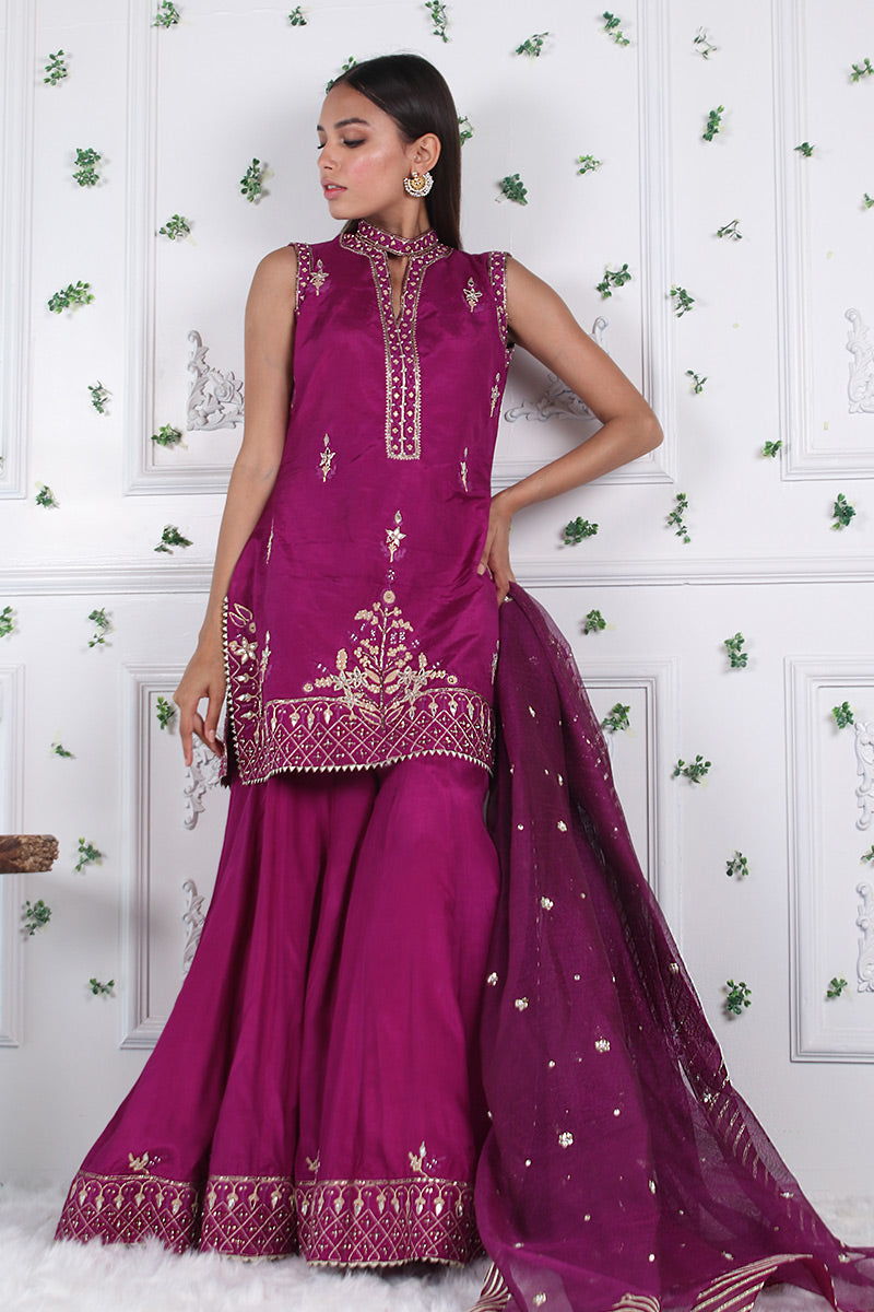 Cerise Fusion - Embellished shirt with dhaka pants