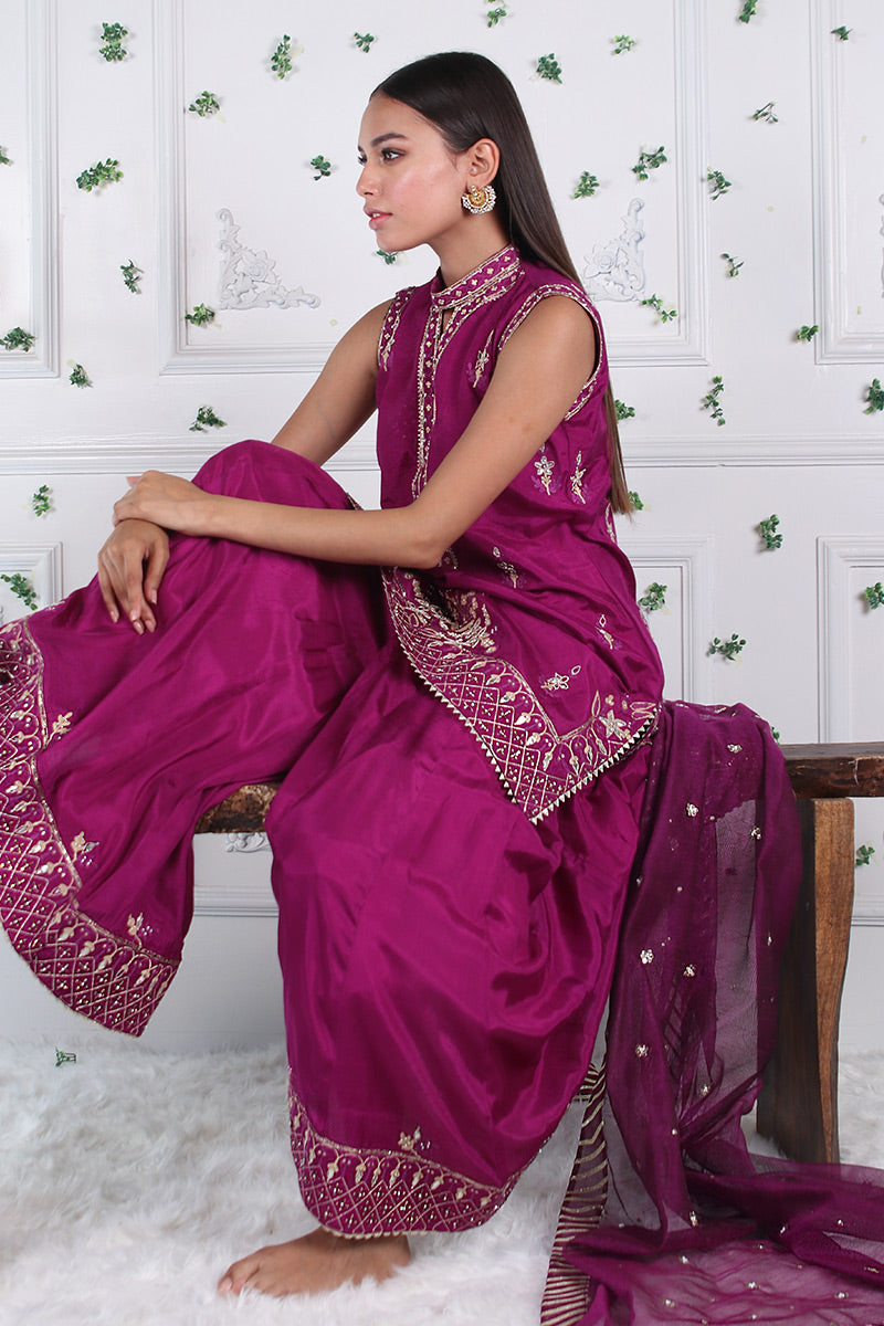 Cerise Fusion - Embellished shirt with dhaka pants