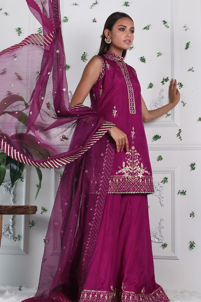 Cerise Fusion - Embellished shirt with dhaka pants