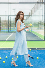 Pearl white Dori embroidery on ice blue silk cape paired with straight pants.