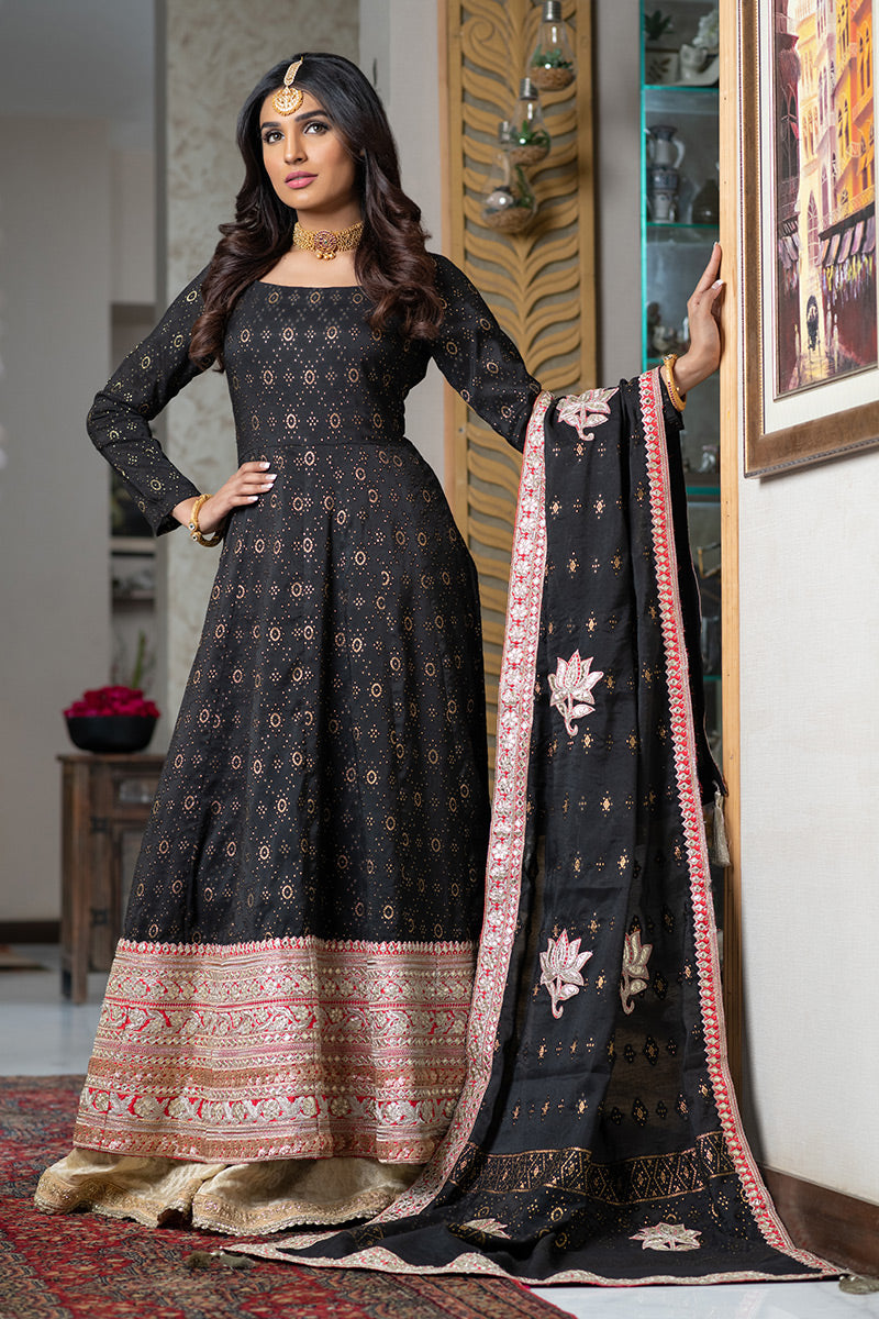 Deep Black - Embroidered embellished peshwas