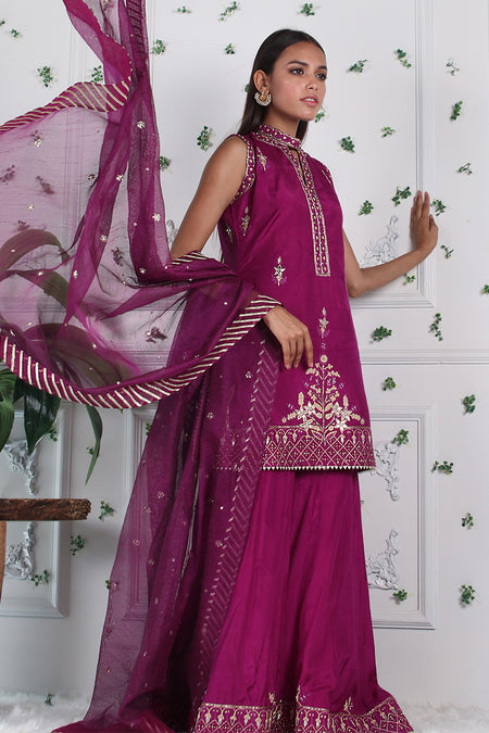 Cerise Fusion - Embellished shirt with dhaka pants